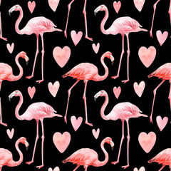 seamless pattern, watercolor drawings, painting, feathers, macarons and pink flamingos in crown, festive background