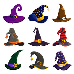 Wizard hats flat vector color illustrations set