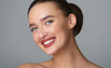 Beautiful woman with natural moustache, close up