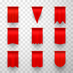 Red pennants 3d realistic vector illustrations set