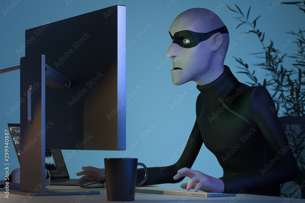 Poster character hacker john scammer in mask using pc committing online theft. side view 3d rendering.