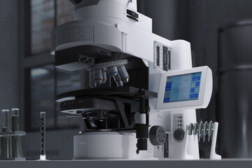 White Contemporary Microscope realizing laboratory Viruses test . 3d rendering