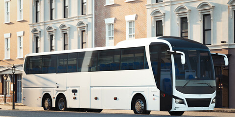 Modern white realistic coach bus at cityscape background. 3d rendering. Front view. © ekostsov