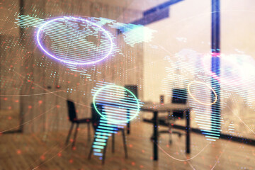 World map hologram and minimalistic cabinet interior background. Double exposure. International business concept.
