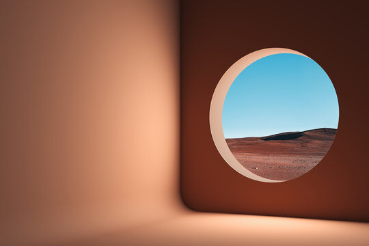 Orange room without furniture and with round window to beautiful view to desert and sands. 3d rendering