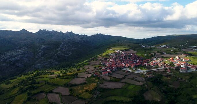 Aerial view of the traditional village of Pitoes das Junias and the surrounding agricultural fields, at the Peneda Geres National Park, Portugal
