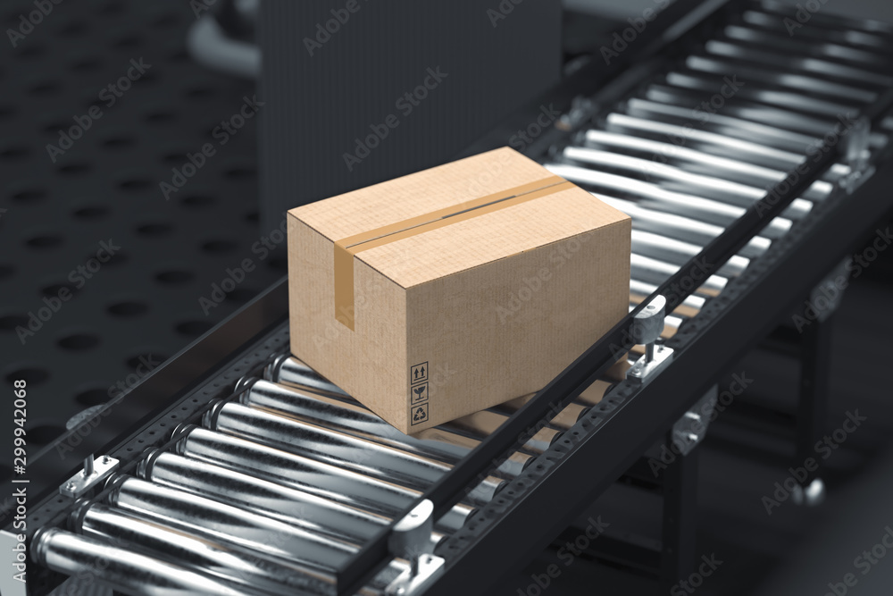 Poster conveyer roller with blank cardboard box at factory in dark colors. 3d rendering.