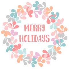 Merry Holidays red vector card with pastel Christmas wreath isolated on white background