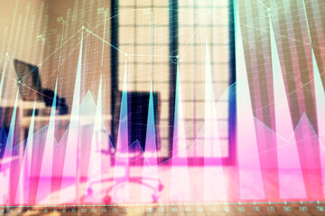 Obraz premium Forex chart hologram with minimalistic cabinet interior background. Double exposure. Stock market concept.