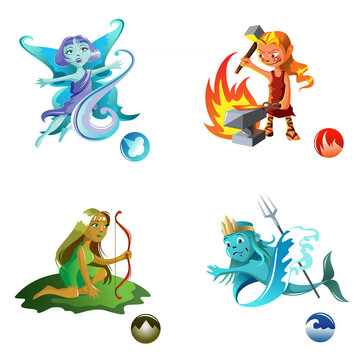 Elementals of Air, Fire, Earth and Water, cartoon style vector illustration