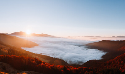 Perfect morning moment in alpine foggy valley.
