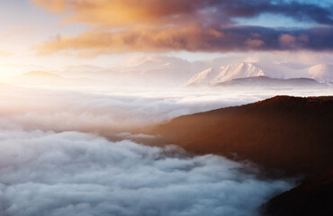 Perfect morning moment in alpine foggy valley.