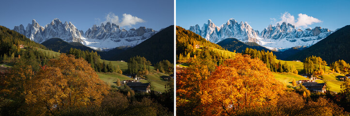 Paysage majestueux à Santa Magdalena. Emplacement Vallée de Funes, Alpes Dolomites, Italie, Europe.