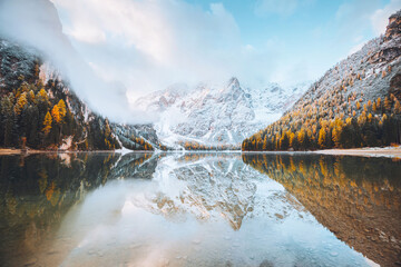 Calm alpine lake Braies. Location Dolomiti, Italian Alps, Europe.