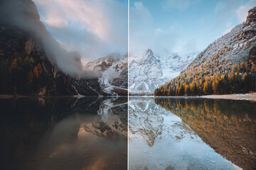 Calm alpine lake Braies. Location Dolomiti, Italian Alps, Europe.