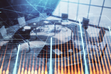 Double exposure of forex chart on conference room background. Concept of stock market analysis