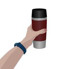 Hand on thermos tumbler mug. Isolated on a white background. Vector illustration.