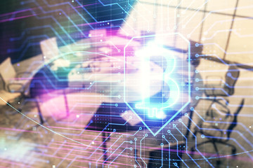 Blockchain theme hologram on conference room background. Double exposure. Concept of cryptocurrency