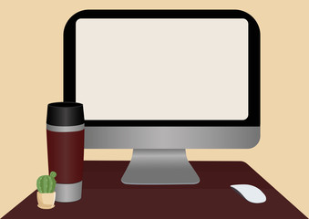 Desktop with clean computer screen, coffee cup and cactus. Hipster workspace, freelance and website ad concept. Vector illustration.