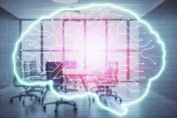 Double exposure of brain drawing hologram on conference room background. Concept of data analysis