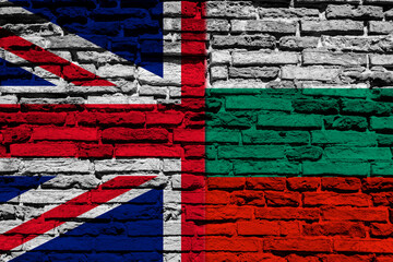 Flag of Bulgaria and England on brick wall