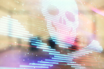 Double exposure of hacking theme hologram on conference room background. Concept of cyberpiracy