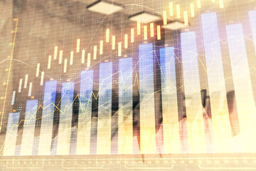 Multi exposure of stock market graph on conference room background. Concept of financial analysis