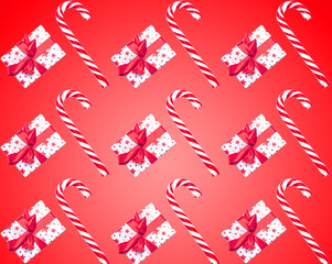 Pattern made from Christmas candy canes and gifts isolated on red background. Christmas holiday concept. Top view. Flat lay