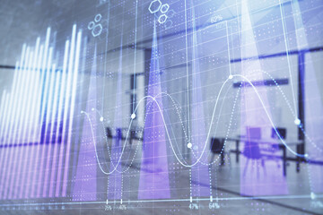 Stock and bond market graph with trading desk bank office interior on background. Multi exposure. Concept of financial analysis