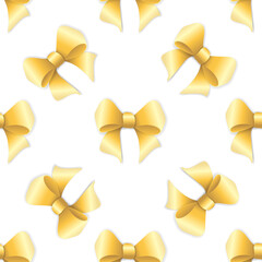 Beautiful endless pattern with decorative bowknot made of gold ribbon isolated on white background; Vector seamless ornament in paper cut style for fabric print, texture, wrapping paper, greeting card