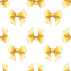 Beautiful endless pattern with decorative bowknot made of gold ribbon isolated on white background; Vector seamless ornament in paper cut style for fabric print, texture, wrapping paper, greeting card