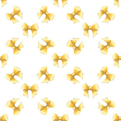 Beautiful endless pattern with decorative bowknot made of gold ribbon isolated on white background; Vector seamless ornament in paper cut style for fabric print, texture, wrapping paper, greeting card