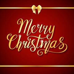 Banner with golden hand written text Merry Christmas and horizontal border with bowknot on dark red background; Hand drawn cute vector illustration in paper cut style; Creative graphic greeting card