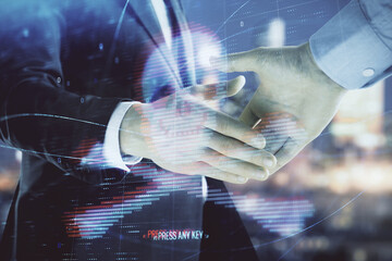 Multi exposure of digital crime theme hologram on city view background with two people handshake. Concept of securitization