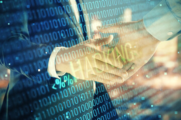 Multi exposure of digital crime theme hologram on city view background with two people handshake. Concept of securitization