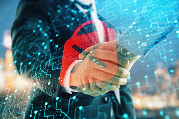 Double exposure of lock icon hologram on city view background with two people handshake. Concept of safe business