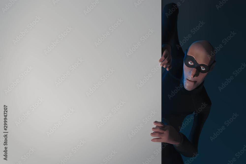 Aufkleber character fraudster john scammer in mask look around the corner with empty space. 3d rendering.
