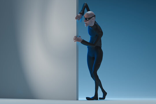 Character fraudster John Scammer in mask look around the corner with empty space. 3d rendering.