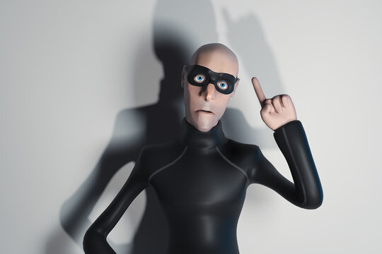 Character Hacker John Scammer in mask planning theft. Concept of cyber attack and internet security. 3d rendering.