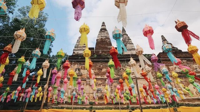 Yee Peng Festival (Yi Peng) Chiang Mai. Paper lanterns decorated in Jed-Yod temple.