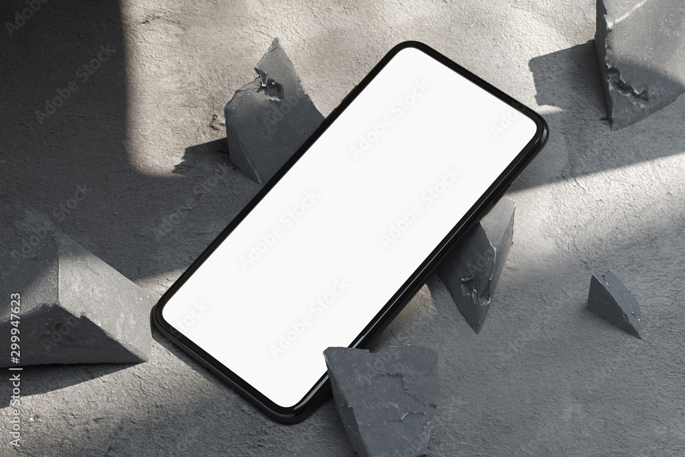 Aufkleber mobile phone with blank screen near concrete broken forms on concrete floor. 3d rendering.