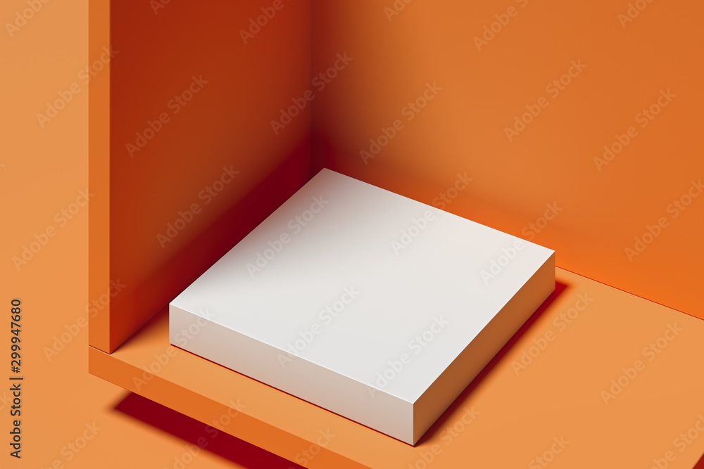 Poster modern showcase with empty space on pedestal on orange background. 3d rendering. minimalism concept