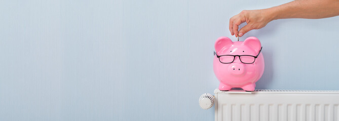 Person Inserting The Coin In Piggybank Over The Radiator - obrazy, fototapety, plakaty