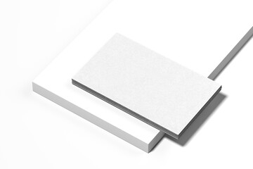 Close up of white blank business cards set on white showcase, 3d rendering. Empty space. Copy space.