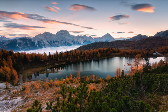 Federa lake panoramic view at dawn, Cortina d'Ampezzo, Belluno province, Veneto, Italy