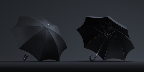 Realistic black umbrellas isolated on dark background. 3d rendering. Copy space. Empty space