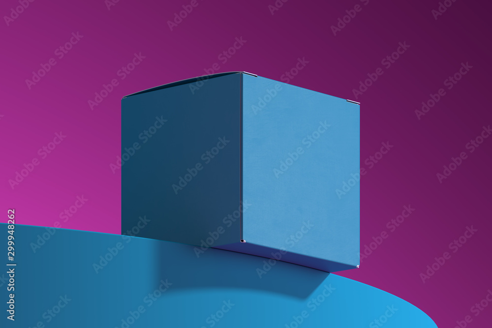 Poster close up of blank cardboard box on the corner of blue showcase, 3d rendering. empty space. copy spac