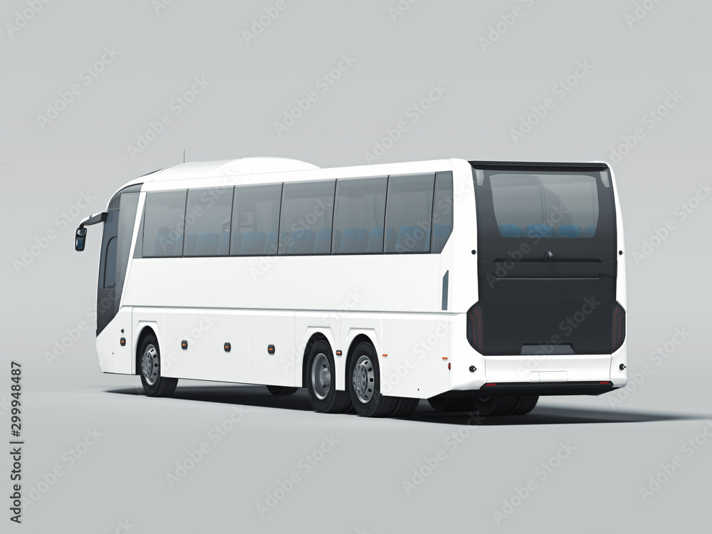 Poster modern white realistic bus isolated on gray background. 3d rendering. back view.