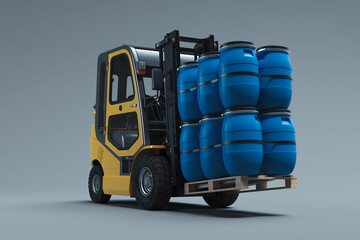 Realistic forklift lifting blue barrels isolated on gray background. 3d rendering. © ekostsov