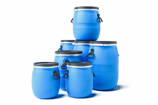 Realistic blue barrels isolated on white background. 3d rendering.